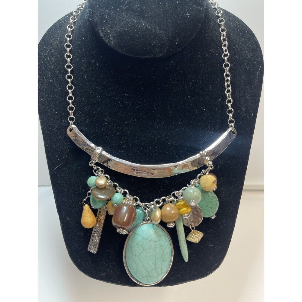 Chicos Silvertone Metal Multi Stone Statement Necklace In Browns & Blues